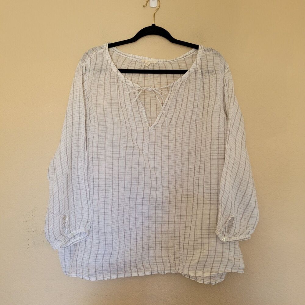 Eileen Fisher Woman 2X 100% Organic Linen Striped Shirt White Long Sleeve Light